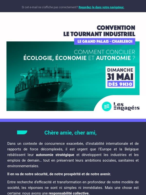 📢 Invitation à notre Convention : le tournant industriel - comment concilier écologie, économie et autonomie ? email from Les Engagés