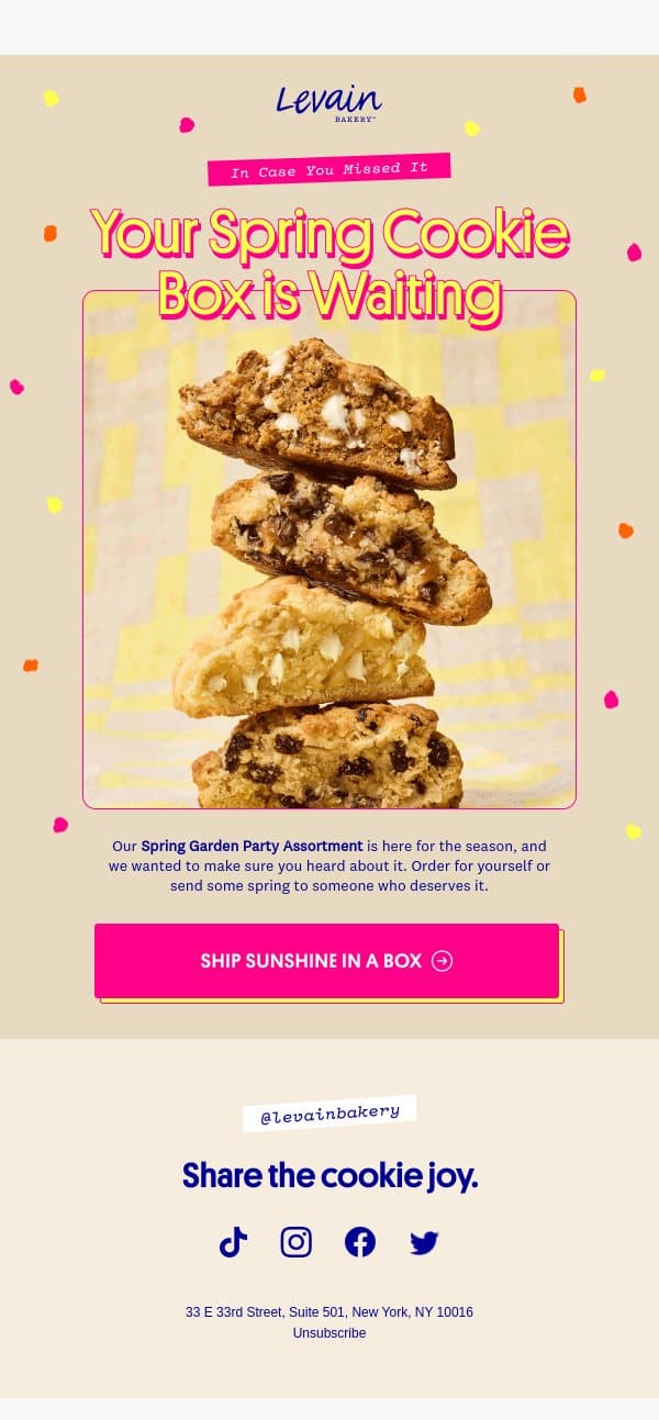 Our spring cookies are in bloom 🩷 email from Levain Bakery screenshot