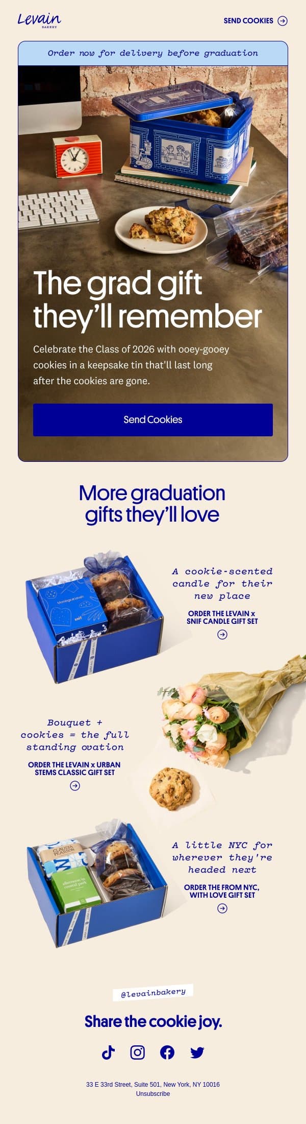A grad gift they won't forget ๐ email from Levain Bakery screenshot