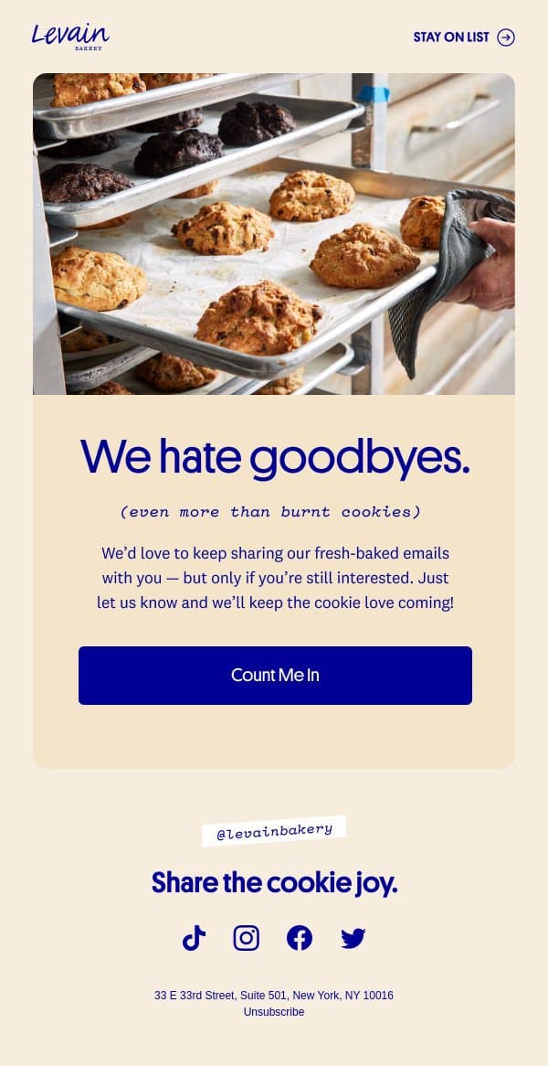 Let's be honest here email from Levain Bakery screenshot