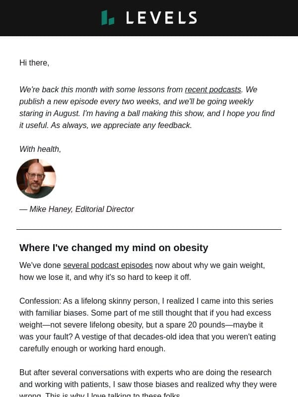 From the Editor: Where I've changed my mind on obesity email from Levels Health