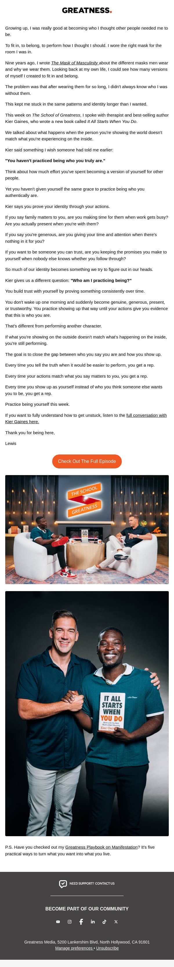 🤨 Who Are You When You Stop Performing? email from Lewis Howes screenshot