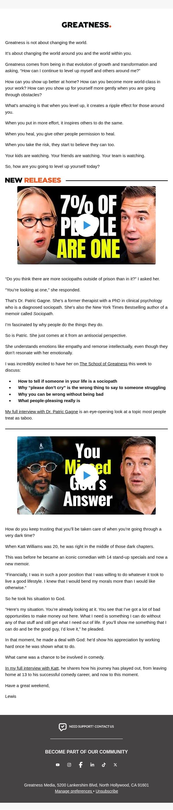 đ Greatness Isn't About Changing The World email from Lewis Howes screenshot