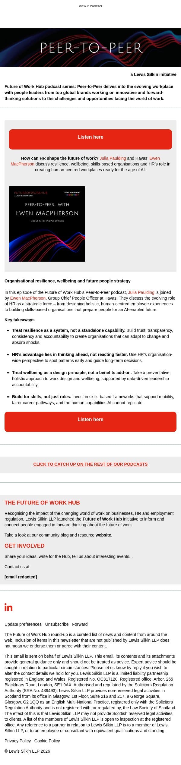 Out now! Peer-to-peer podcast with Ewen MacPherson, Havas email from Lewis Silkin screenshot