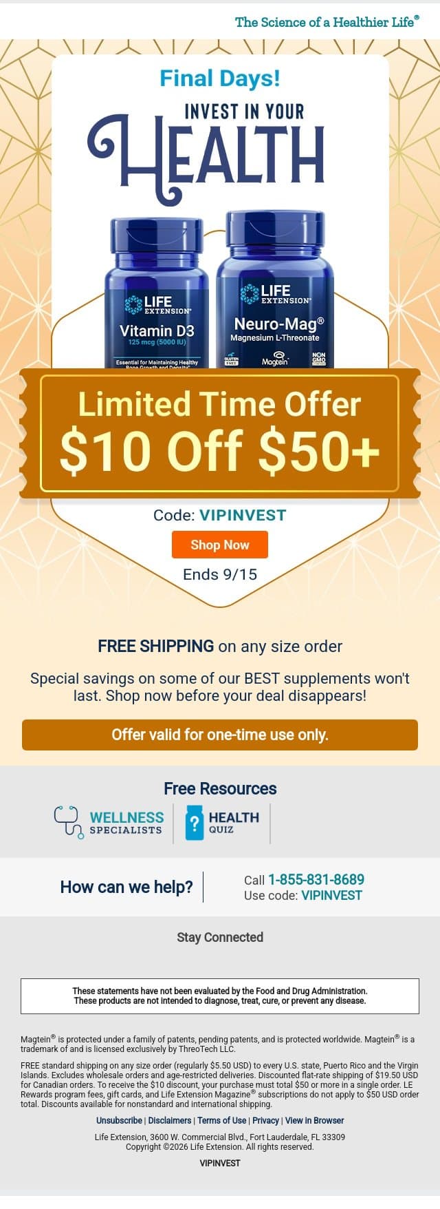 🔥 $10 Off $50+ FINAL Days! email from Life Extension screenshot