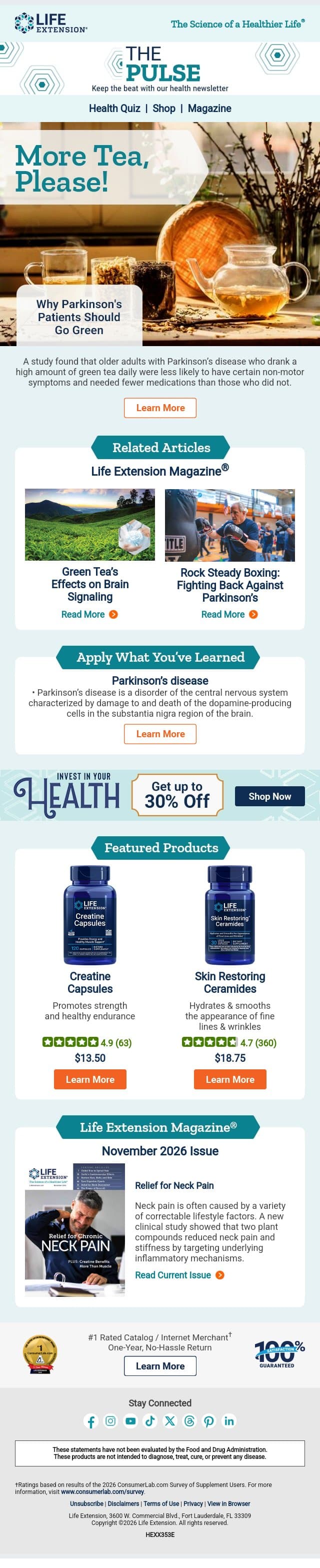 šµ Green Tea Supports Parkinsonās Disease Wellness: Fewer Symptoms in Every Sip! email from Life Extension screenshot