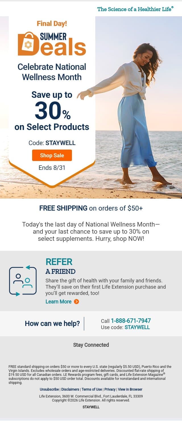 🛀 Up to 30% Off: Summer Deals FINAL Day email from Life Extension screenshot
