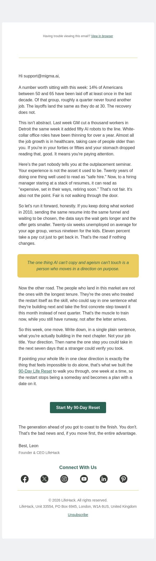 50, laid off, and still starting over email from Lifehack screenshot