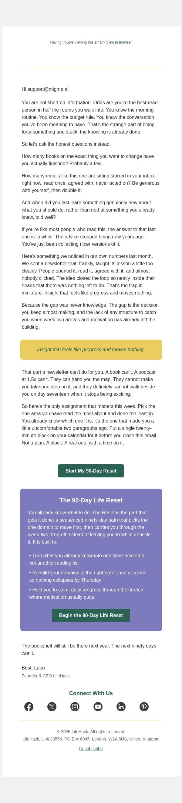 the gap between reading and doing email from Lifehack screenshot