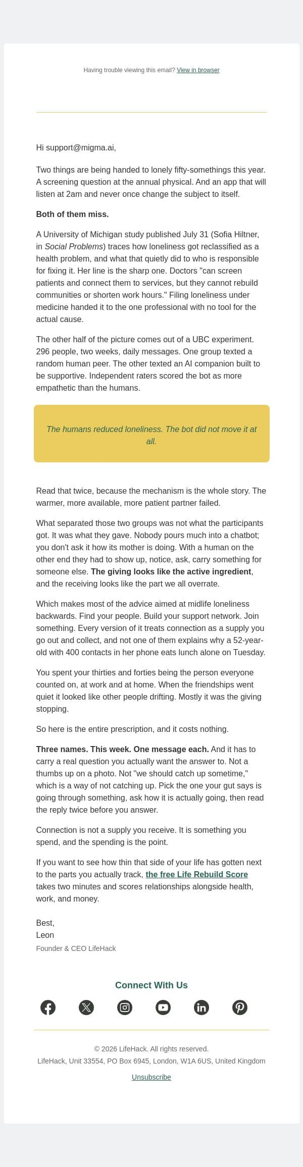 loneliness isn't a supply problem email from Lifehack screenshot