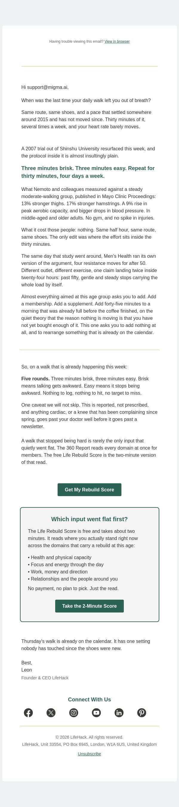 three minutes hard, three minutes easy email from Lifehack screenshot