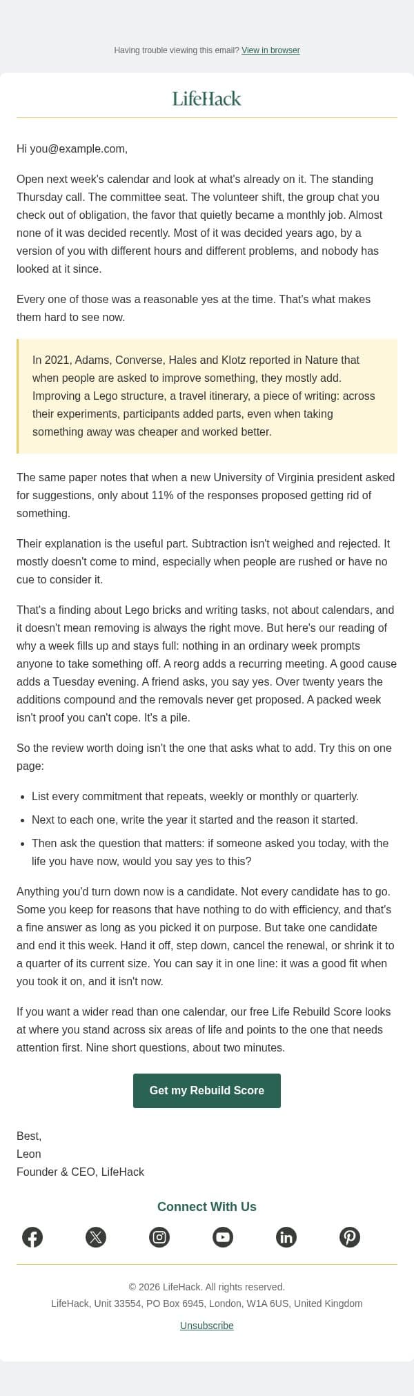 what are you going to stop? email from Lifehack screenshot