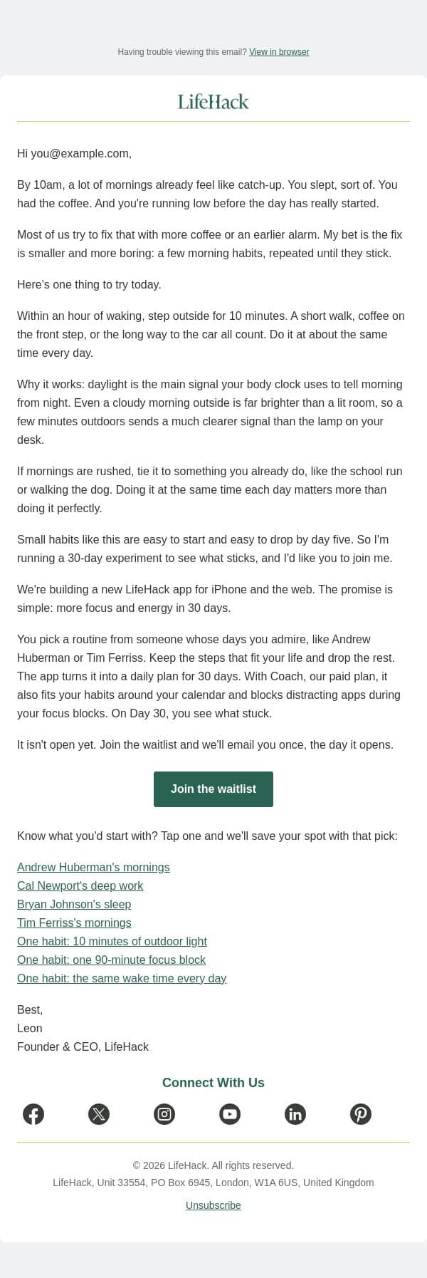 more energy by 10am, in 30 days email from Lifehack screenshot
