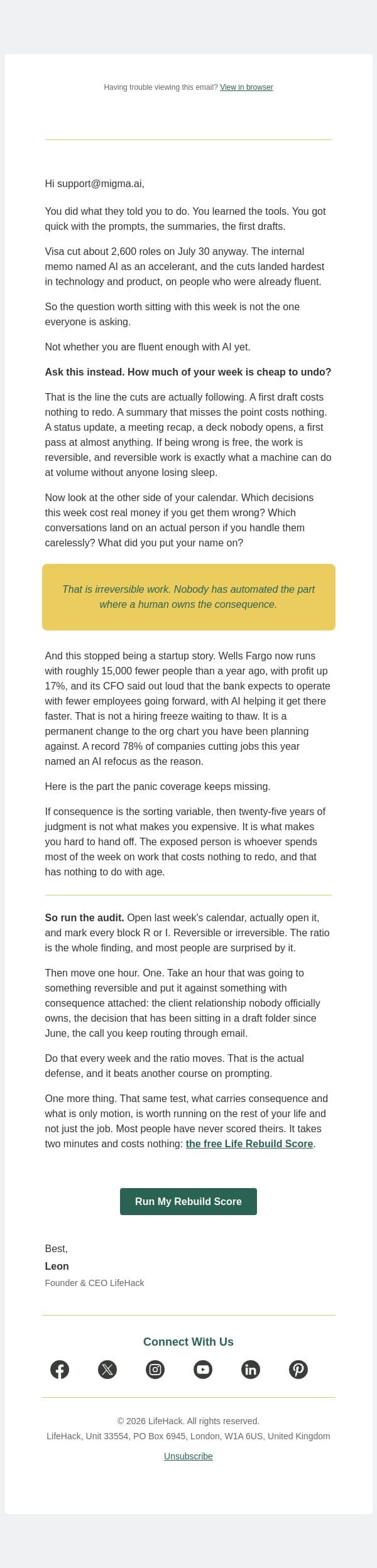 the work that's cheap to undo goes first email from Lifehack screenshot