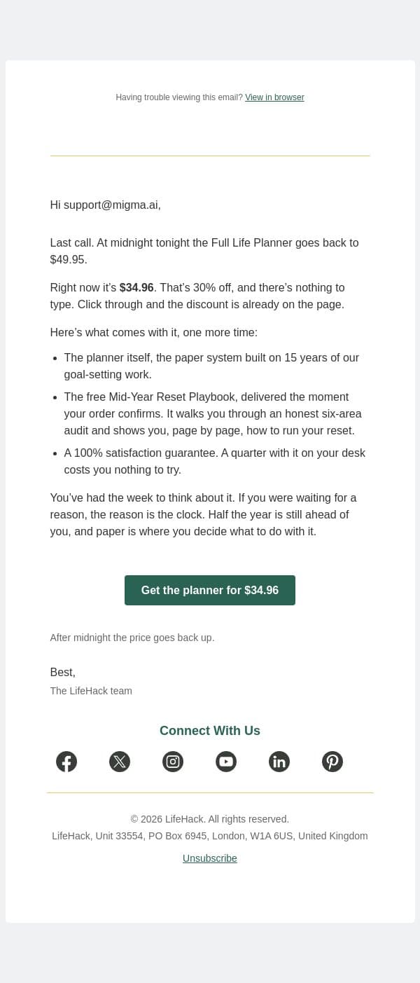 30% off ends at midnight tonight email from Lifehack screenshot