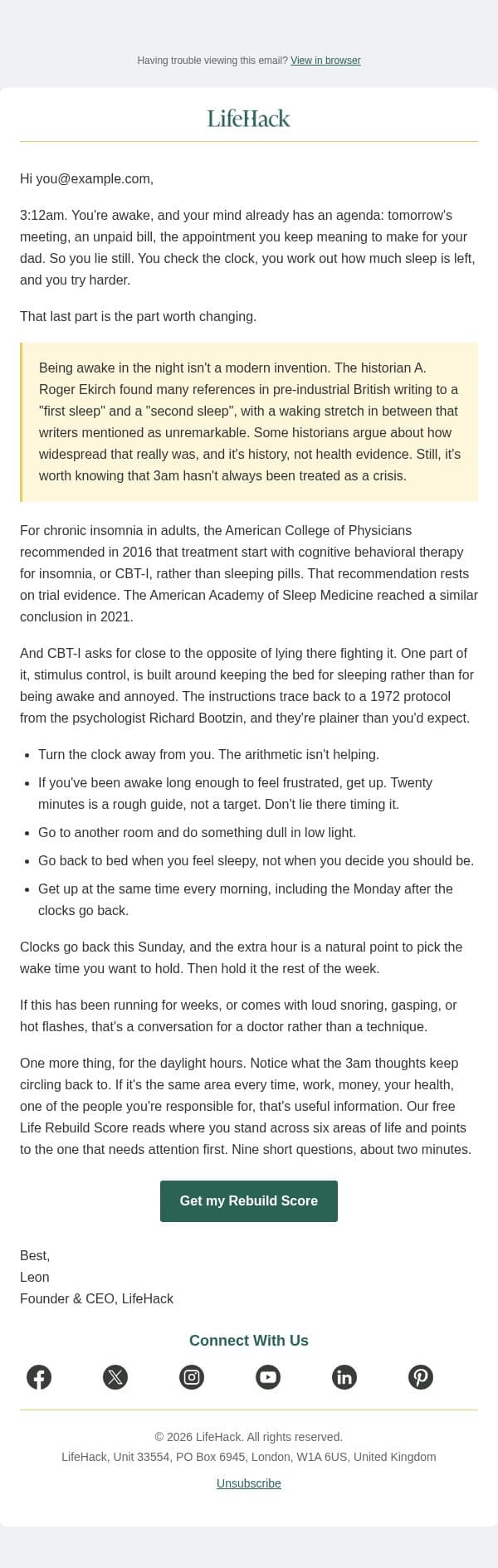 awake at 3am again email from Lifehack screenshot
