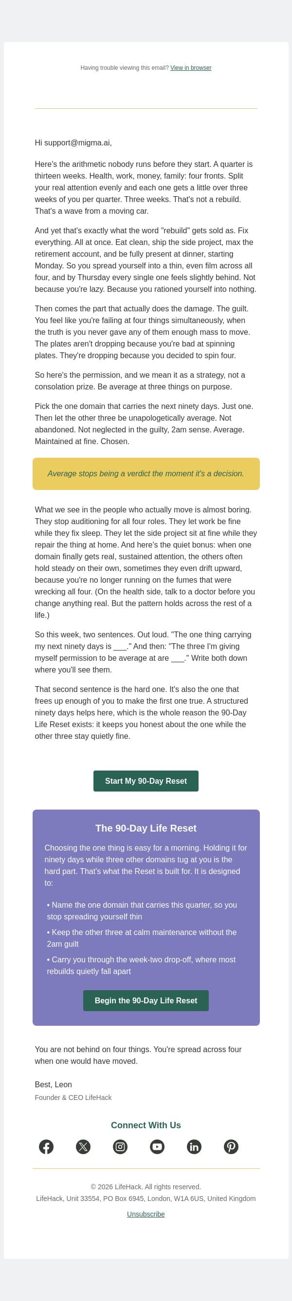 be average at three things on purpose email from Lifehack screenshot