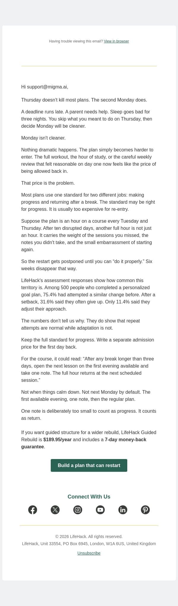 plan the restart before the start email from Lifehack screenshot