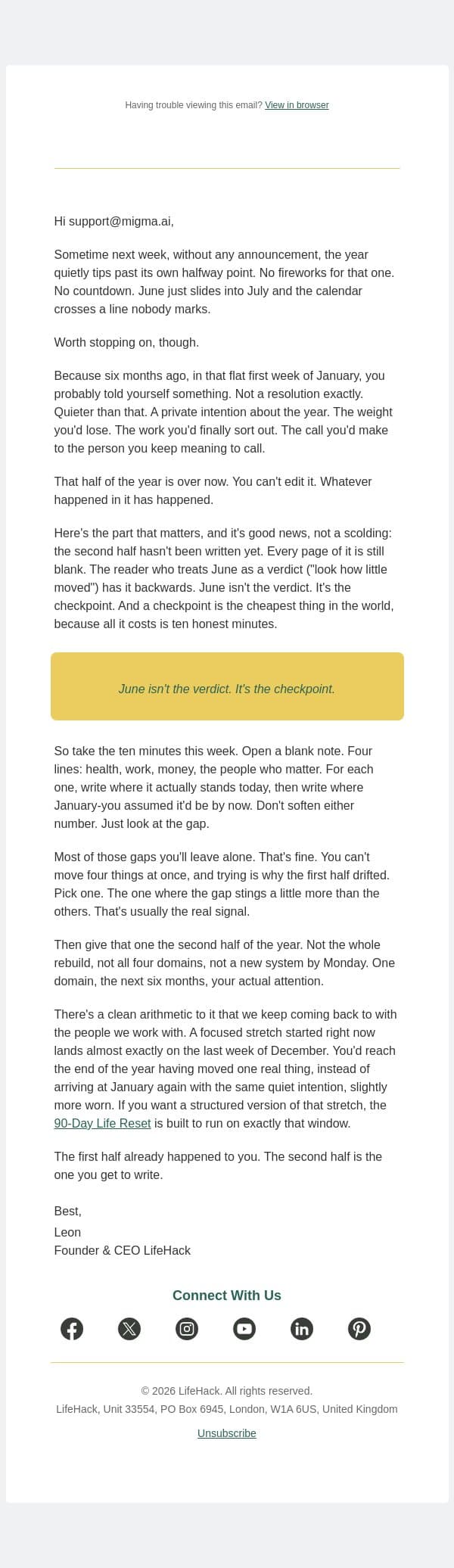you're at the halfway mark email from Lifehack screenshot