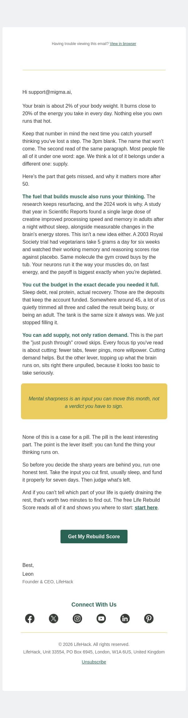 your brain is running on a budget email from Lifehack screenshot