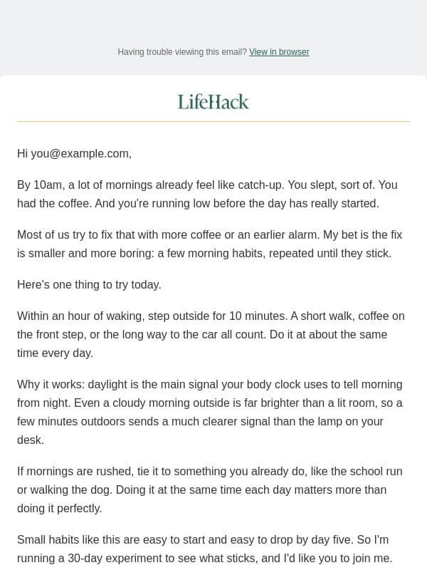 more energy by 10am, in 30 days email from Lifehack