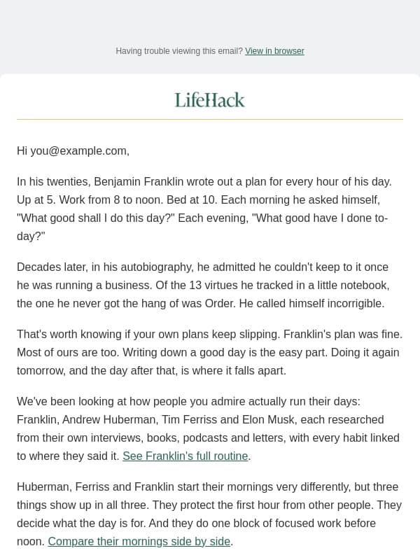 even ben franklin couldn't keep his daily plan email from Lifehack