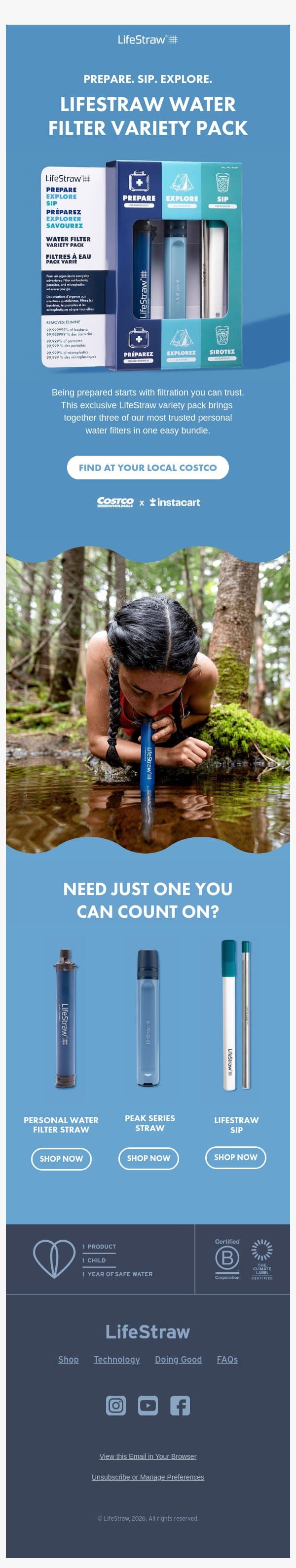 Prepare. Sip. Explore email from LifeStraw screenshot