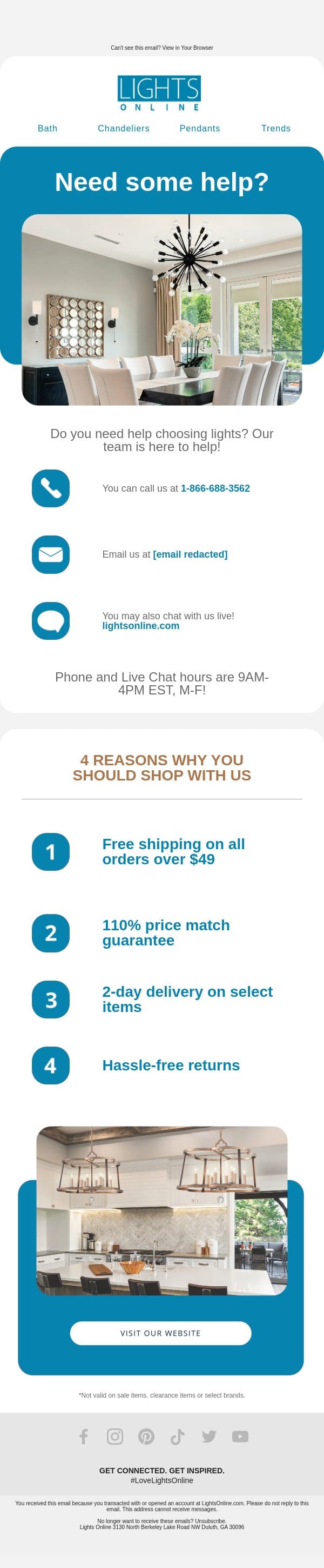 Do you need any help? email from Lights Online screenshot