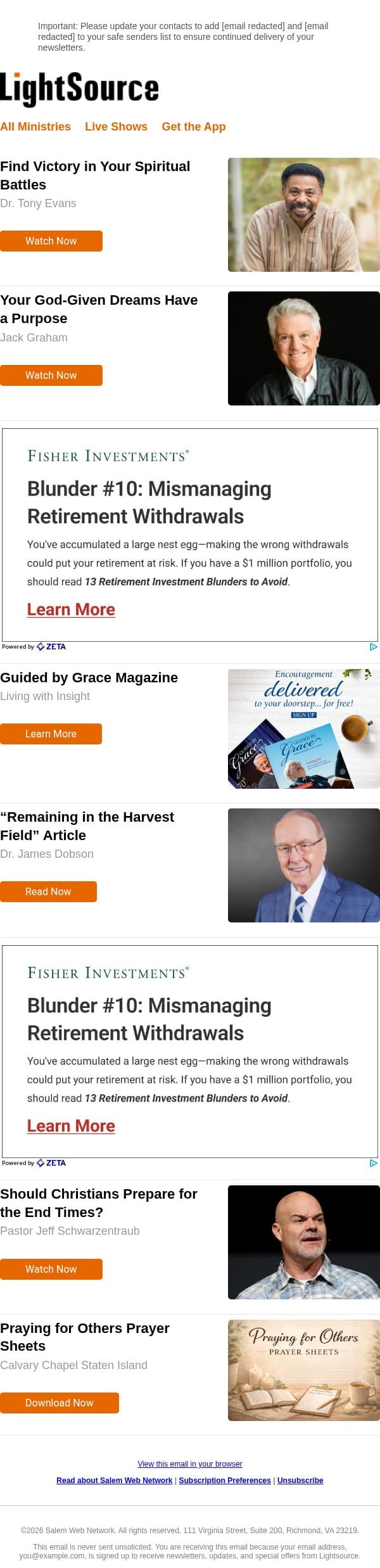 Find Victory in Your Spiritual Battles email from LightSource.com screenshot