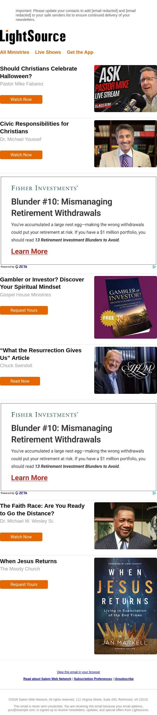 Should Christians Celebrate Halloween? email from LightSource.com screenshot