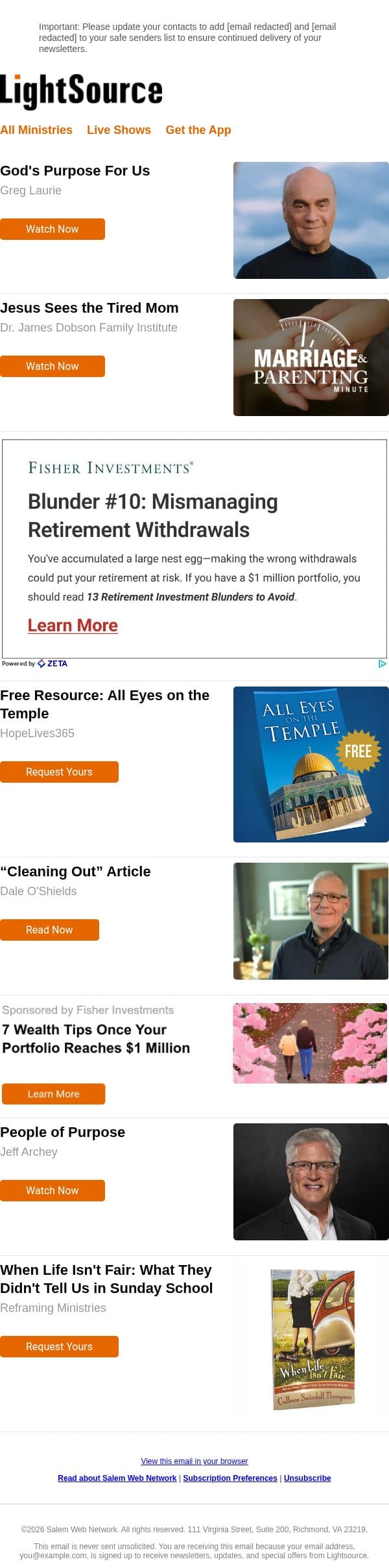 God's Purpose For Us email from LightSource.com screenshot