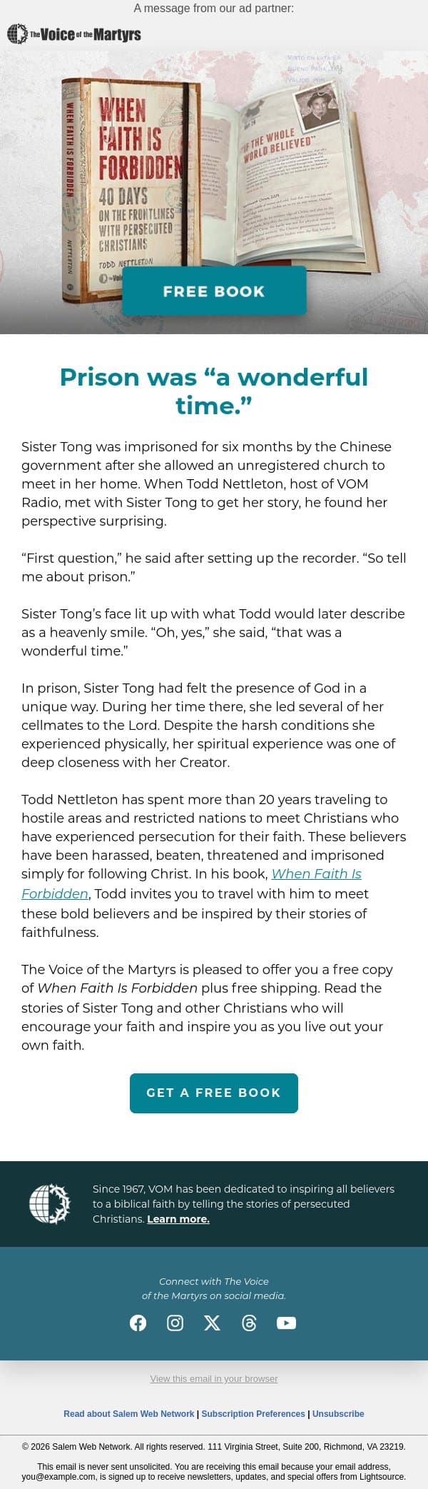 Free Book: Sister Tong’s “wonderful time” in a Chinese prison. email from LightSource.com screenshot