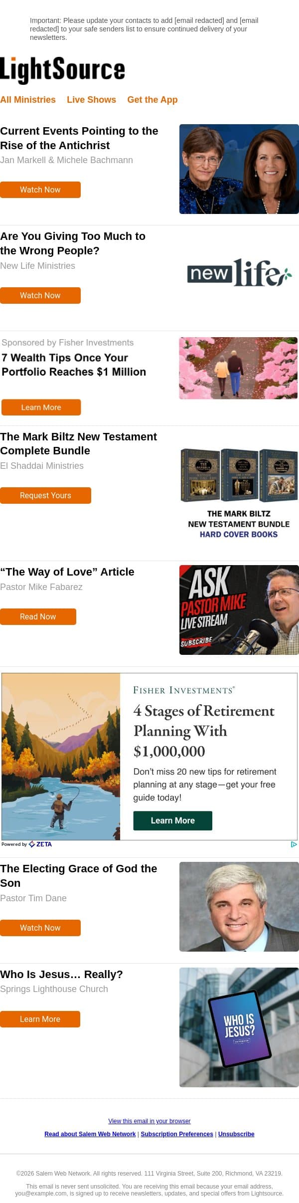 Current Events Pointing to the Rise of the Antichrist email from LightSource.com screenshot