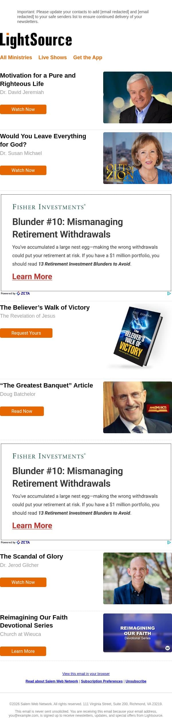 Motivation for a Pure and Righteous Life email from LightSource.com screenshot