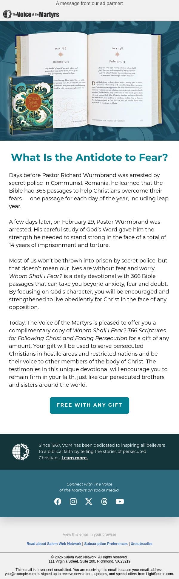 366 Reasons Not to Fear — A Daily Devotional email from LightSource.com screenshot