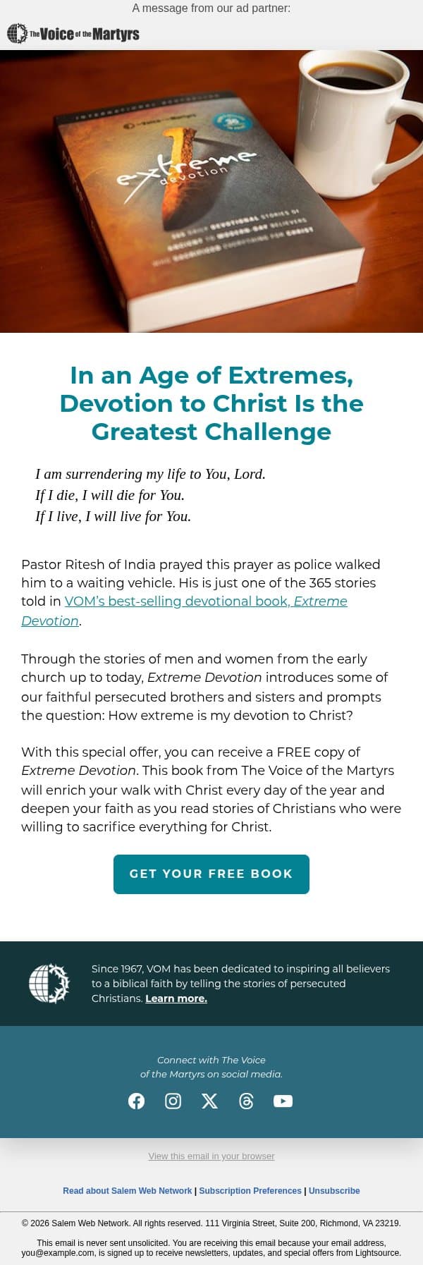 Free Book from VOM: A Devotional for Courageous Faith email from LightSource.com screenshot