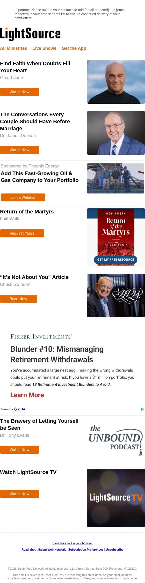 Find Faith When Doubts Fill Your Heart email from LightSource.com screenshot