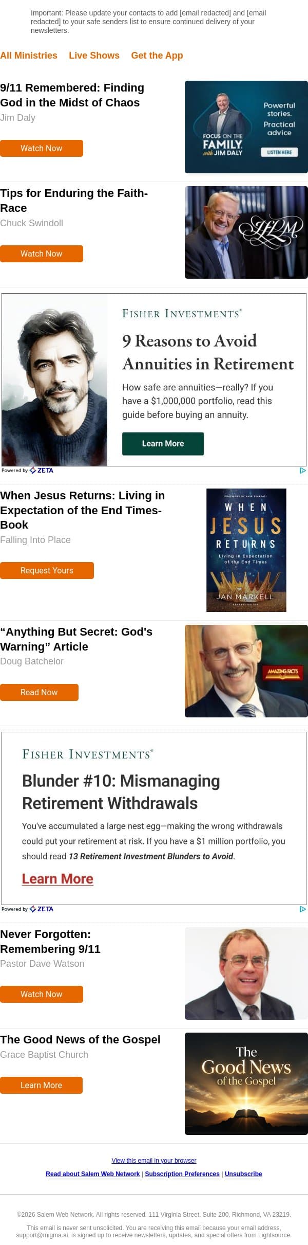 9/11 Remembered: Finding God in the Midst of Chaos email from LightSource.com screenshot