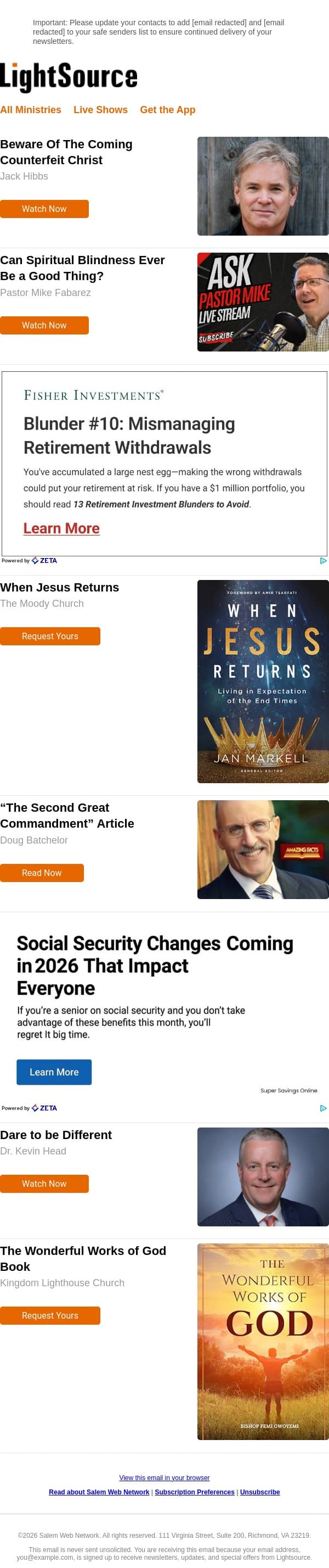 Beware Of The Coming Counterfeit Christ email from LightSource.com screenshot