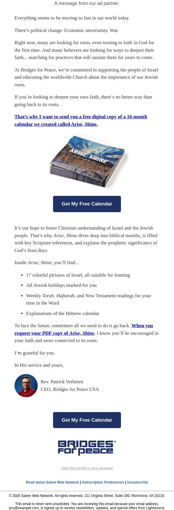 Free Calendar to Deepen Your Faith email from LightSource.com screenshot