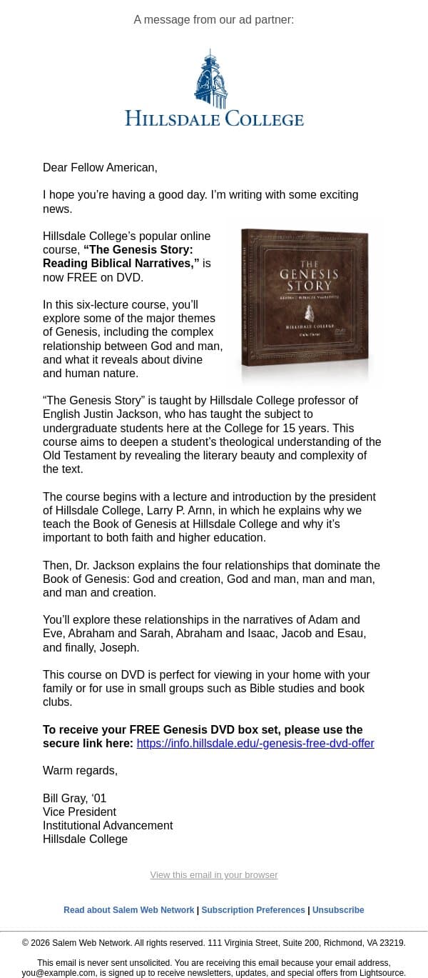 Get your "The Genesis Story" course DVD for FREE email from LightSource.com screenshot