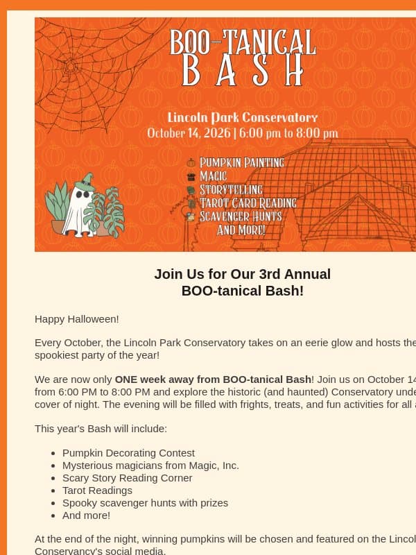 ONE WEEK UNTIL BOO-tanical BASH! email from Lincoln Park Conservancy