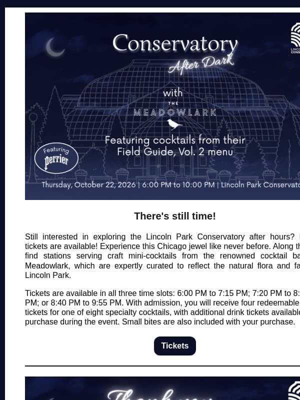 Last Chance: Grab Your Tickets email from Lincoln Park Conservancy