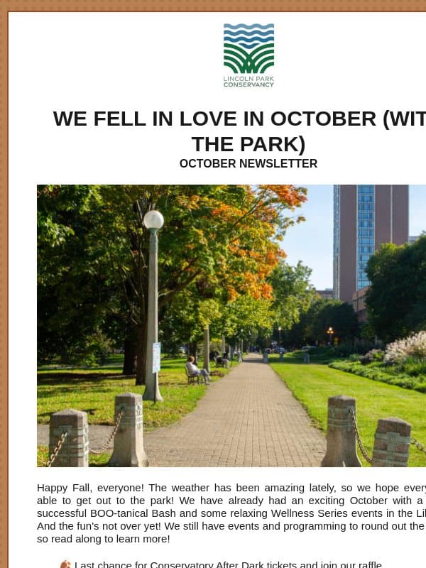 October Newsletter email from Lincoln Park Conservancy