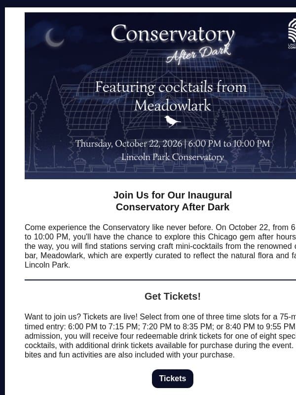 Unlock After-hours Magic at the Conservatory! email from Lincoln Park Conservancy