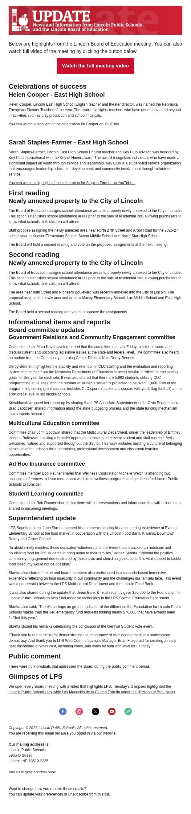 Highlights of the October 27 Lincoln Board of Education regular meeting email from Lincoln Park Public Schools screenshot