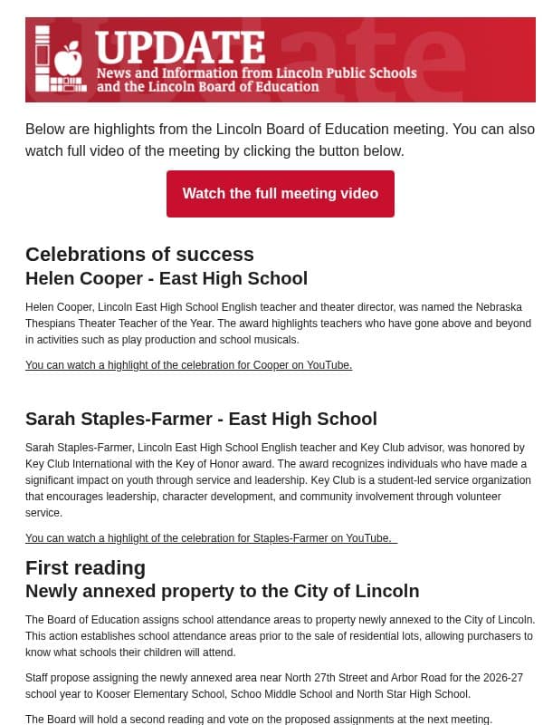 Highlights of the October 27 Lincoln Board of Education regular meeting email from Lincoln Park Public Schools