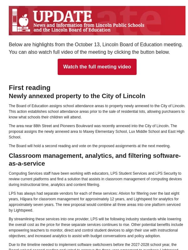 Highlights of the October 13 Lincoln Board of Education regular meeting email from Lincoln Park Public Schools
