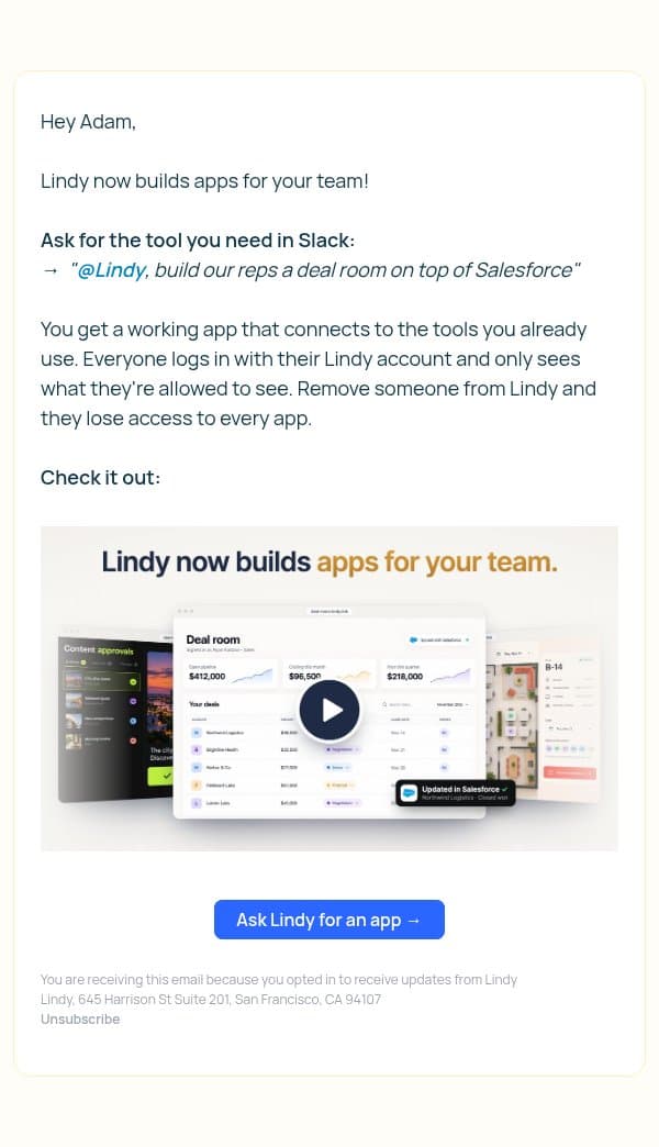 Lindy now builds apps! email from Lindy screenshot