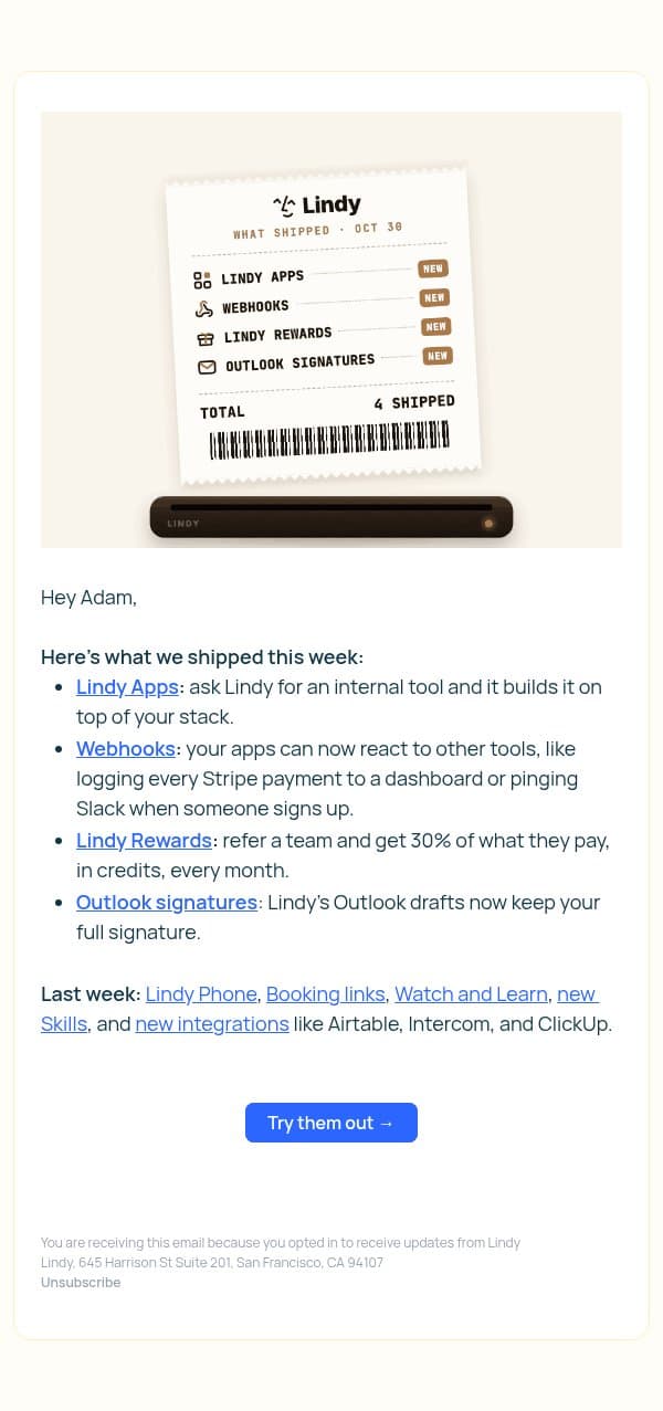 A few new things Lindy can do for you email from Lindy screenshot
